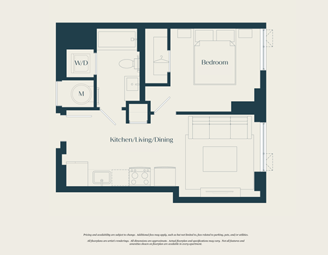 Floor plan for 1 bed, 1 bath, 495 sqft